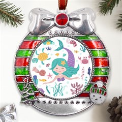 Set Cute Mermaid Seaweeds Marine In Habitants Metal X mas Ribbon With Red Crystal Round Ornament by Bedest