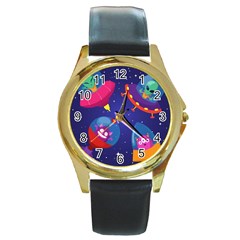 Cartoon Funny Aliens With Ufo Duck Starry Sky Set Round Gold Metal Watch by Ndabl3x