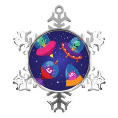 Cartoon Funny Aliens With Ufo Duck Starry Sky Set Metal Small Snowflake Ornament by Ndabl3x