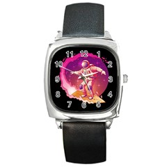 Astronaut Spacesuit Standing Surfboard Surfing Milky Way Stars Square Metal Watch by Ndabl3x