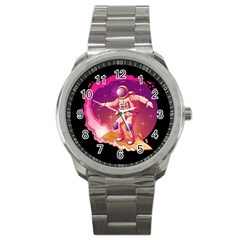 Astronaut Spacesuit Standing Surfboard Surfing Milky Way Stars Sport Metal Watch by Ndabl3x