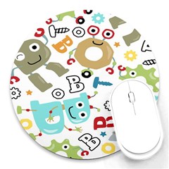 Seamless Pattern Vector With Funny Robots Cartoon Round Mousepad by Hannah976