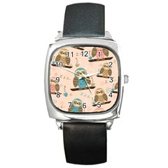 Seamless Pattern Owls Dream Cute Style Pajama Fabric Square Metal Watch by Apen