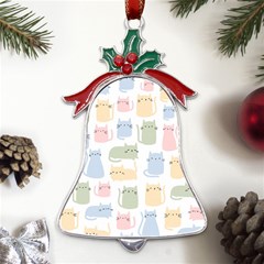 Cute Cat Colorful Cartoon Doodle Seamless Pattern Metal Holly Leaf Bell Ornament by Ravend