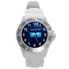 Blue Tardis Doctor Who Police Call Box Round Plastic Sport Watch (l) by Cendanart