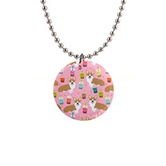 Corgi Bubble Boba Tea Pink Pattern 1  Button Necklace by Cendanart