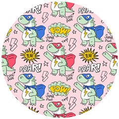 Seamless Pattern With Many Funny Cute Superhero Dinosaurs T-rex Mask Cloak With Comics Style Inscrip Wooden Puzzle Round by Ket1n9
