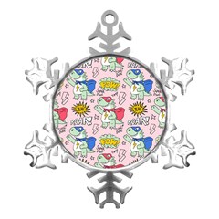 Seamless Pattern With Many Funny Cute Superhero Dinosaurs T-rex Mask Cloak With Comics Style Inscrip Metal Small Snowflake Ornament by Ket1n9