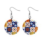Mexican Talavera Pattern Ceramic Tiles With Flower Leaves Bird Ornaments Traditional Majolica Style Mini Button Earrings Front