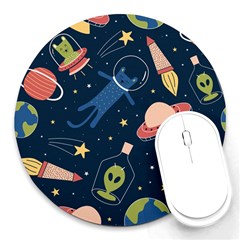 Seamless Pattern With Funny Alien Cat Galaxy Round Mousepad by Ndabl3x