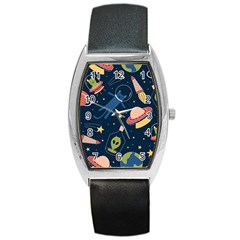 Seamless Pattern With Funny Alien Cat Galaxy Barrel Style Metal Watch by Ndabl3x