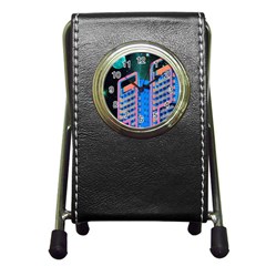Fantasy City Architecture Building Cityscape Pen Holder Desk Clock by Cemarart