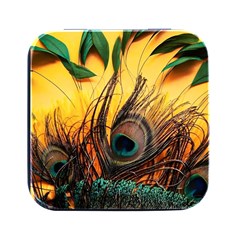 Sunset Illustration Water Night Sun Landscape Grass Clouds Painting Digital Art Drawing Square Metal Box (black) by Cemarart