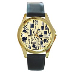 Elegant Hairdresser Pattern Cream Round Gold Metal Watch by TetiBright