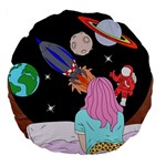 Girl Bed Space Planets Spaceship Rocket Astronaut Galaxy Universe Cosmos Woman Dream Imagination Bed Large 18  Premium Flano Round Cushions Back
