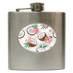 Seamless Pattern Coconut Piece Palm Leaves With Pink Hibiscus Hip Flask (6 Oz) by Apen