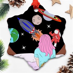 Girl Bed Space Planets Spaceship Rocket Astronaut Galaxy Universe Cosmos Woman Dream Imagination Bed Ornament (snowflake) by Maspions