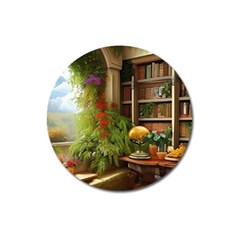 Room Interior Library Books Bookshelves Reading Literature Study Fiction Old Manor Book Nook Reading Magnet 3  (round) by Posterlux