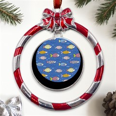 Sea Fish Blue Submarine Animals Patteen Metal Red Ribbon Round Ornament by Maspions