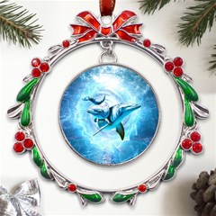 Dolphin Blue Sea Fantasy Metal X mas Wreath Ribbon Ornament by Maspions