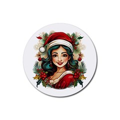 Young Woman With Santa Claus Clothes Isolated Illustration Wb Rubber Coaster (round) by dflcprintsclothing