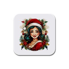 Young Woman With Santa Claus Clothes Isolated Illustration Wb Rubber Square Coaster (4 Pack) by dflcprintsclothing