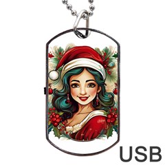 Young Woman With Santa Claus Clothes Isolated Illustration Wb Dog Tag Usb Flash (one Side) by dflcprintsclothing