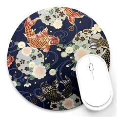 Japanese Wave Koi Illustration Pattern Round Mousepad by Ndabl3x