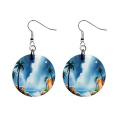 Delicate Watercolor Painting Surreal Oasis Scene With Intense Dramatic Lighting Mini Button Earrings by pollyparadiseartshop