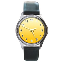 Cream Yellow To Amber Orange Linear Gradient Round Metal Watch by GradientsOmbre