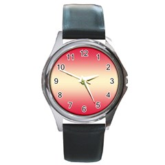 Crimson Red To Cream Yellow Bilinear Gradient Round Metal Watch by GradientsOmbre