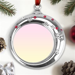 Pink Lace To Cream Yellow Linear Gradient Metal Snowflake Red Crystal Round Ornament by GradientsOmbre