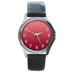 Coral Pink To Burgundy Red Linear Gradient Round Metal Watch by GradientsOmbre