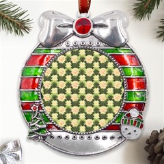 Retro 1880s Flowers Pattern 15 Metal X mas Ribbon With Red Crystal Round Ornament by violetheavensky