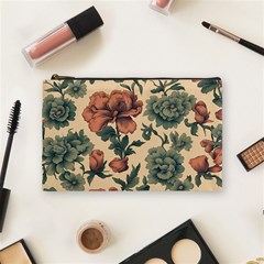 Victorian Beige And Teal Flower Pattern Cosmetic Bag (medium) by violetheavensky