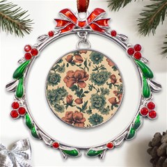 Victorian Beige And Teal Flower Pattern Metal X mas Wreath Ribbon Ornament by violetheavensky
