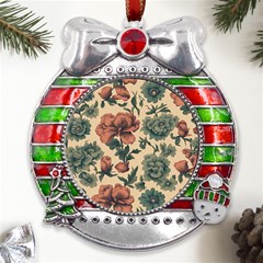 Victorian Beige And Teal Flower Pattern Metal X mas Ribbon With Red Crystal Round Ornament by violetheavensky