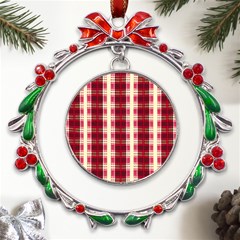 Retro 60s 50s Plaid Pattern 4 Metal X mas Wreath Ribbon Ornament by violetheavensky