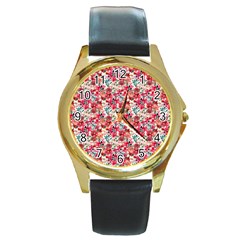 Red Flowers Round Gold Metal Watch by DinkovaArt