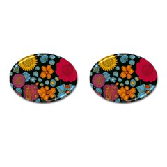 Mid Century Retro Floral 1970s 1960s Pattern 77 Cufflinks (oval) by violetheavensky