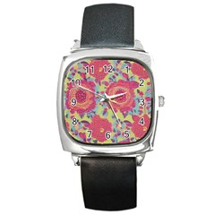 Mid Century Retro Floral 1970s 1960s Pattern 82 Square Metal Watch by violetheavensky
