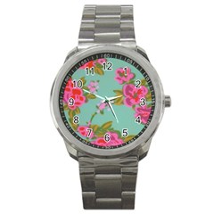 Mid Century Retro Floral 1970s 1960s Pattern 81 Sport Metal Watch by violetheavensky