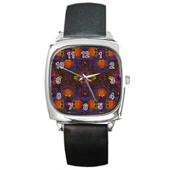 Mid Century Retro Floral 1970s 1960s Pattern 67 Square Metal Watch by violetheavensky