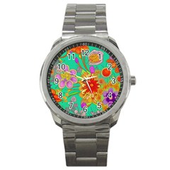 Mid Century Retro Floral 1970s 1960s Pattern 58 Sport Metal Watch by violetheavensky