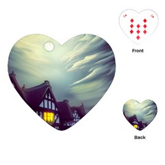 Village Moon Cloudy Historical Tudor Architecture Houses Town Night Windows City Playing Cards Single Design (heart) by Posterlux
