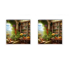 Room Interior Library Books Bookshelves Reading Literature Study Fiction Old Manor Book Nook Reading Cufflinks (square) by Posterlux